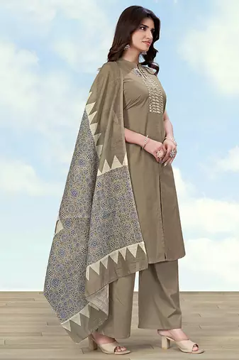 Dark beige color cotton blend mirror work kurta pair