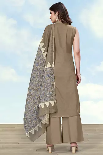 Dark beige color cotton blend mirror work kurta pair