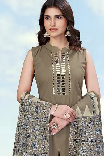 Dark beige color cotton blend mirror work kurta pair