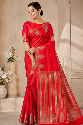red butta zari with tassels on pallu tussar silk saree