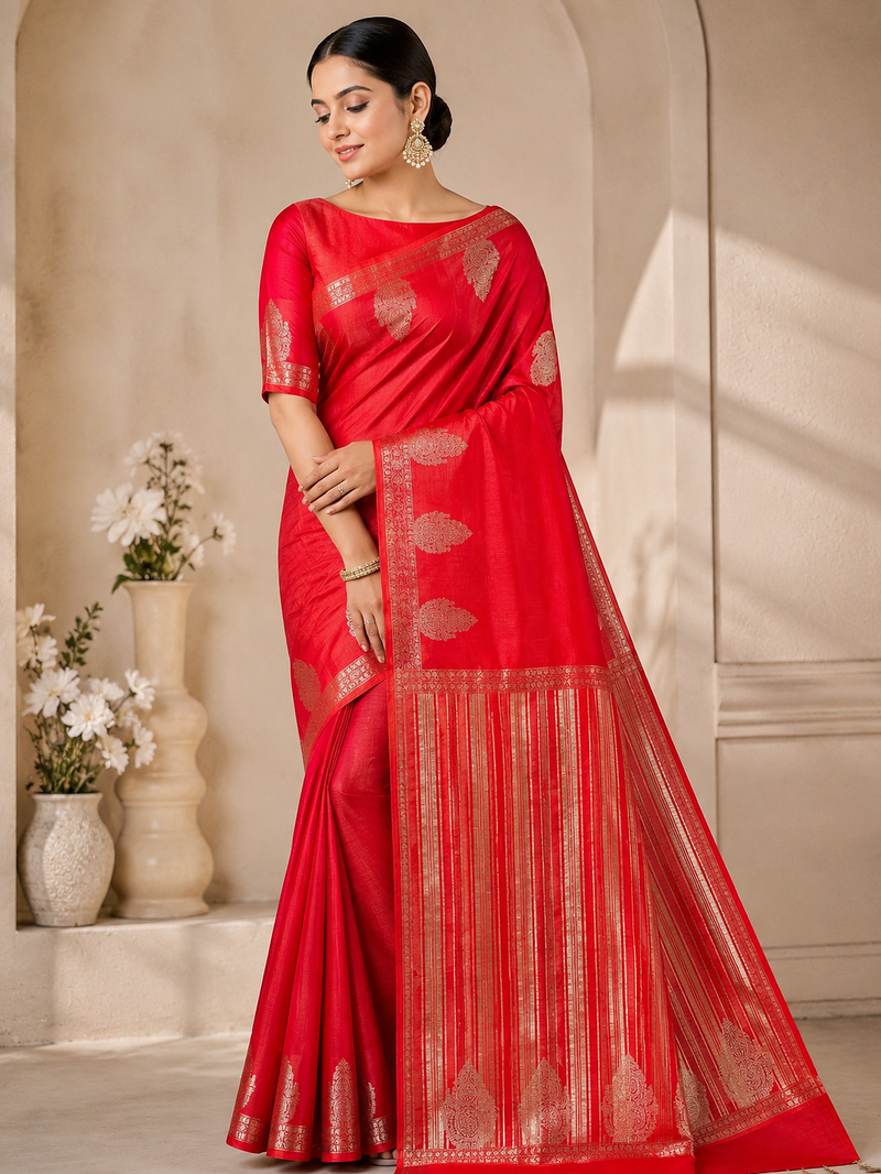 red butta zari with tassels on pallu tussar silk saree