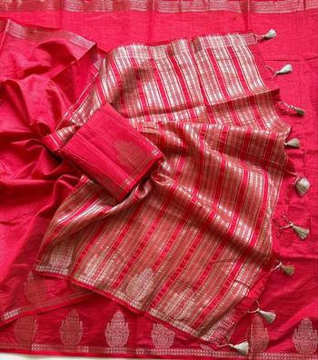red butta zari with tassels on pallu tussar silk saree 2