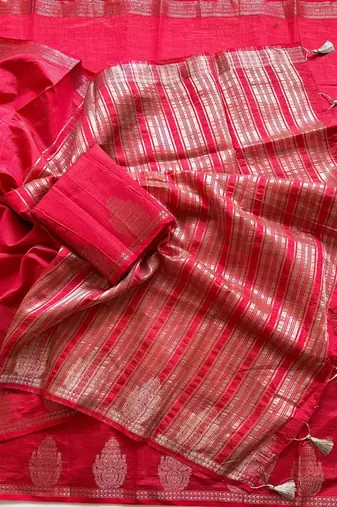 red butta zari with tassels on pallu tussar silk saree
