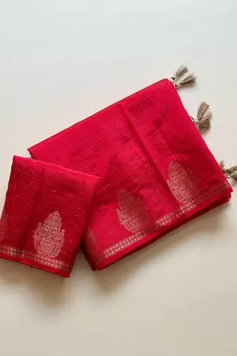 red butta zari with tassels on pallu tussar silk saree