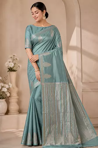 sky blue butta zari with tassels on pallu tussar silk saree