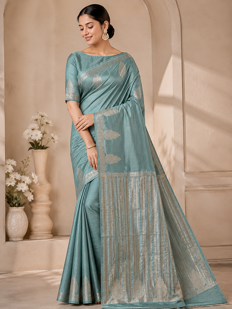 sky blue butta zari with tassels on pallu tussar silk saree