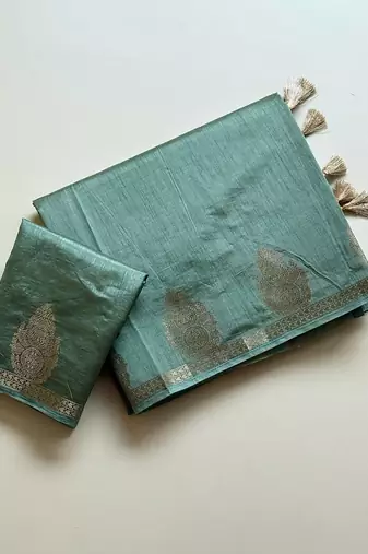 sky blue butta zari with tassels on pallu tussar silk saree