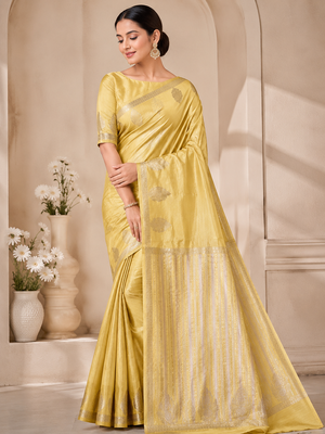 Yellow Color Nakashi Butta Figure Border Jari With Tassels Fumka On Pallu Tussar Silk Saree 1