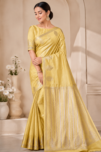 yellow butta zari with tassels on pallu tussar silk saree