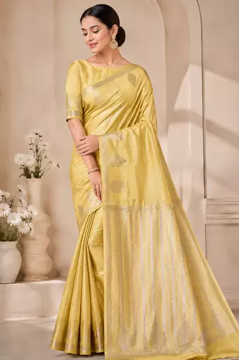 yellow butta zari with tassels on pallu tussar silk saree