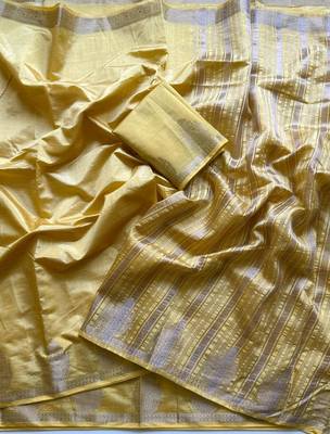 Yellow Color Nakashi Butta Figure Border Jari With Tassels Fumka On Pallu Tussar Silk Saree 2