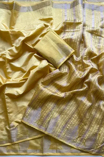 yellow butta zari with tassels on pallu tussar silk saree