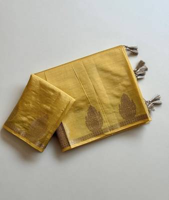 Yellow Color Nakashi Butta Figure Border Jari With Tassels Fumka On Pallu Tussar Silk Saree 3