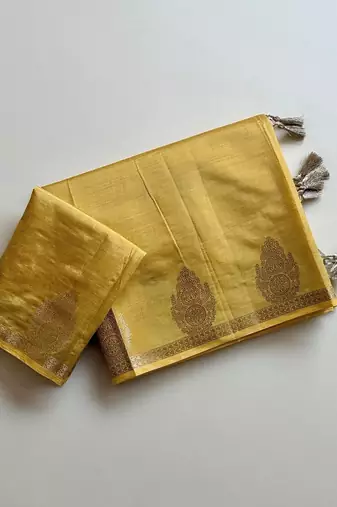 yellow butta zari with tassels on pallu tussar silk saree