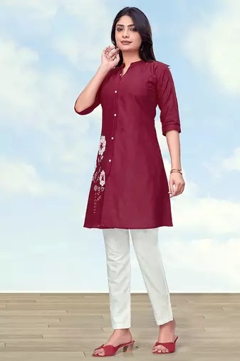 Maroon color cotton flex embroidered work kurta set