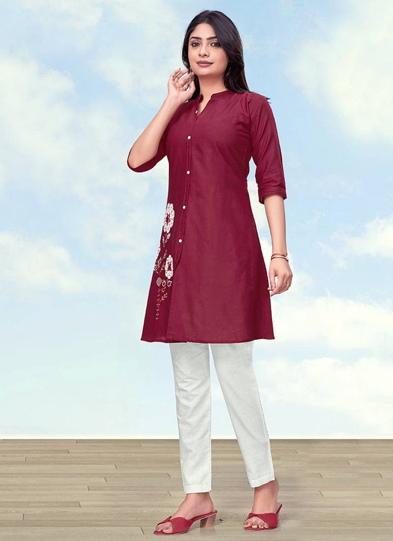 Maroon color cotton flex embroidered work kurta set