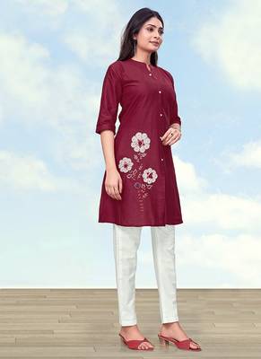 Maroon color cotton flex embroidered work kurta set 2