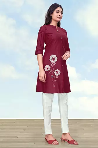Maroon color cotton flex embroidered work kurta set