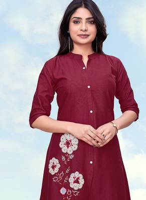 Maroon color cotton flex embroidered work kurta set 3