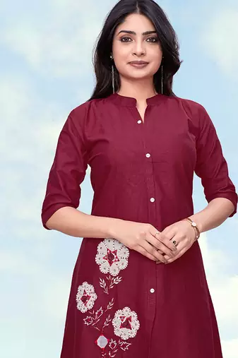 Maroon color cotton flex embroidered work kurta set