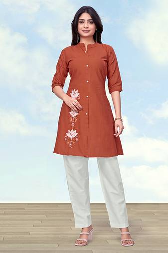 Rust color cotton flex embroidered work kurta set
