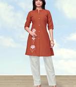 Rust color cotton flex embroidered work kurta set