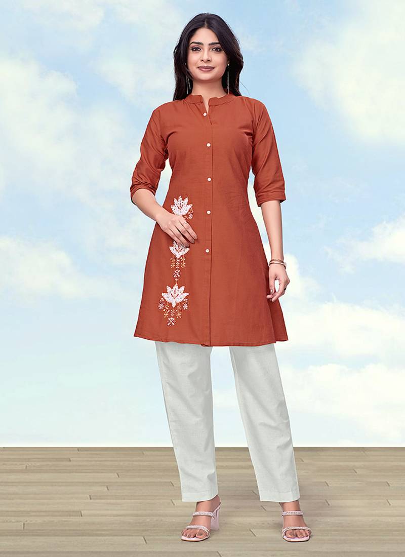 Rust color cotton flex embroidered work kurta set