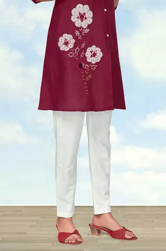 Maroon color cotton flex embroidered work kurta set