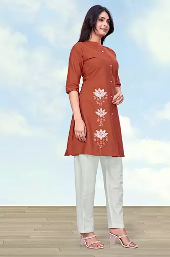 Rust color cotton flex embroidered work kurta set