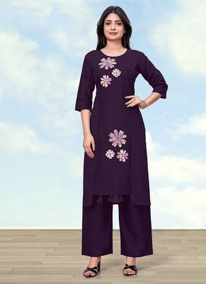Dark purple cotton flex embroidered work kurta pant 1