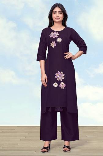 Dark purple cotton flex embroidered work kurta pant