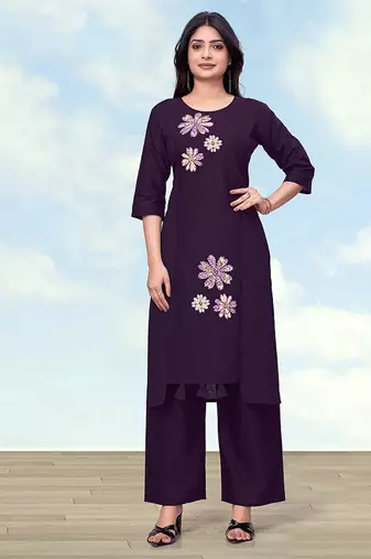 Dark purple cotton flex embroidered work kurta pant