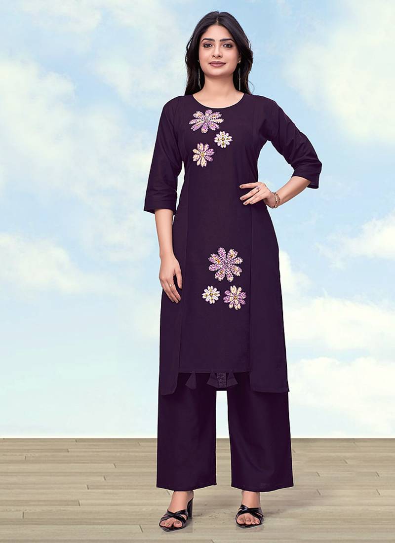 Dark purple cotton flex embroidered work kurta pant
