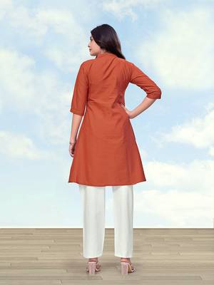 Rust color cotton flex embroidered work kurta set 3