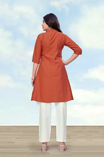 Rust color cotton flex embroidered work kurta set