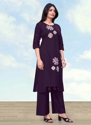 Dark purple cotton flex embroidered work kurta pant 2