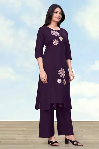 Dark purple cotton flex embroidered work kurta pant