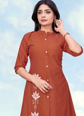 Rust color cotton flex embroidered work kurta set 4