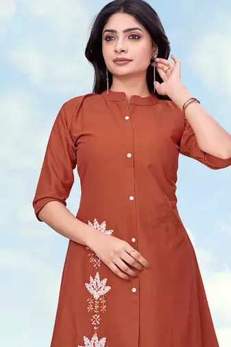 Rust color cotton flex embroidered work kurta set