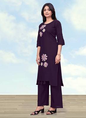 Dark purple cotton flex embroidered work kurta pant 3