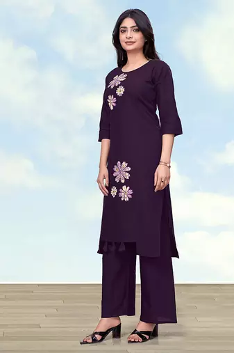 Dark purple cotton flex embroidered work kurta pant