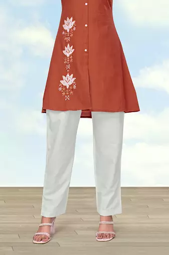 Rust color cotton flex embroidered work kurta set