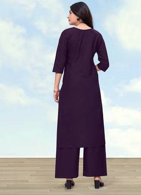 Dark purple cotton flex embroidered work kurta pant 4