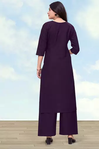 Dark purple cotton flex embroidered work kurta pant