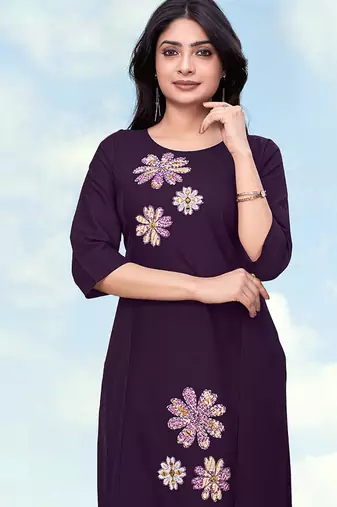 Dark purple cotton flex embroidered work kurta pant