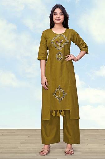 Olive green cotton flex causal regular fit kurti with pant