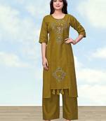 Olive green cotton flex causal regular fit kurti with pant