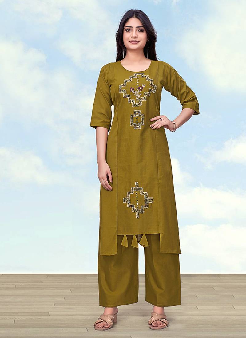 Olive green cotton flex causal regular fit kurti with pant