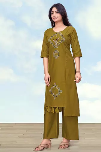 Olive green cotton flex causal regular fit kurti with pant