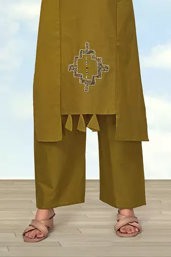 Olive green cotton flex causal regular fit kurti with pant